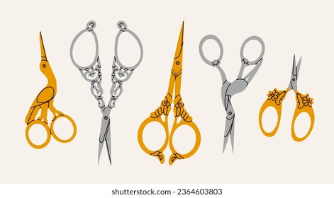 Set of various gold and silver Scissors. Elegant, fancy, vintage, retro style. Hand drawn Vector illustration. Isolated design elements. Cutting hair, scissoring, shear concept