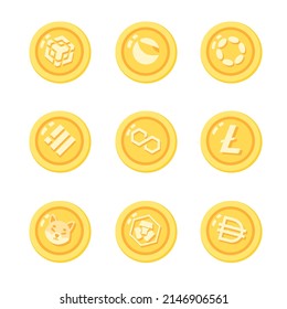 Set of various golden cryptocurrency coins flat cartoon vector illustration isolated on white background. Earning on cryptocurrency. Cryptocurrency finance.
