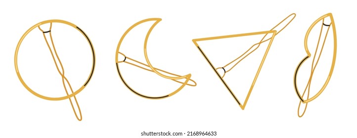 A set of various golden hairpins in the shape of a circle, crescent, triangle and lips. Hair accessories, beauty design. Women's salon concept. Flat design, hand drawn, cartoon.