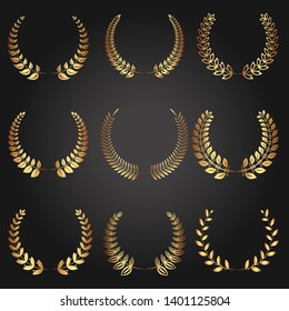 Set of various golden laurel wreaths. Luxury reward for VIP person. The award ceremony in the competition. The symbol of victory. Ornament for certificate, insignia or quality.