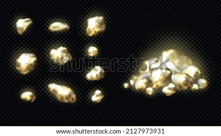 A set of various golden nuggets isolated, vector illustrations of pieces of native gold, a bunch of gold nuggets, a metaphor of godsend, luck or chance