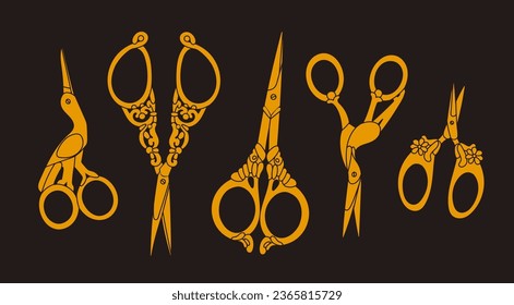 Set of various golden Scissors. Elegant, fancy, vintage, retro style. Hand drawn Vector illustration. Isolated design elements. Cutting hair, scissoring, shear concept