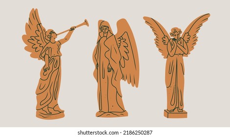 Set of various golden Statues. Sculptures with wings. Antique statue with horn. Statues of angels, cupid, cherub. Hand drawn modern Vector illustration. Cartoon style. All elements are isolated