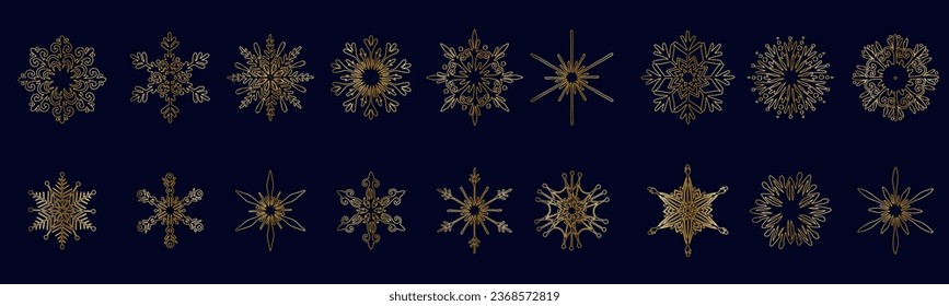 Conjunto de varios copos de nieve de invierno dorados.Gráficos vectores.