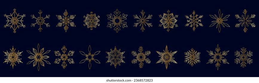 Conjunto de varios copos de nieve de invierno dorados.Gráficos vectores.