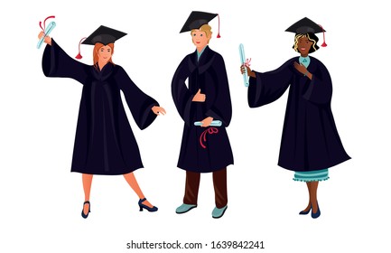 Set of various graduate students in different poses. Vector illustration in flat cartoon style