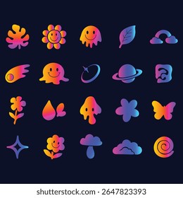 Conjunto de vários elementos de design gráfico em cores vibrantes. As formas incluem flores, folhas, nuvens, planetas, estrelas, cometas e outras formas abstratas. Os elementos têm uma moda, caprichoso,