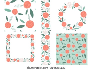 Set of various graphic elements with Floral (Ranunculus). The set consists of a seamless pattern, border and frames.