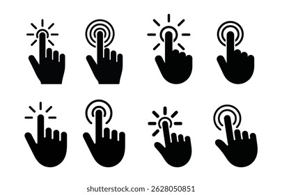 Set of various graphic icons with hand clicking, offering a visual representation of interaction, user experience, and navigation.	