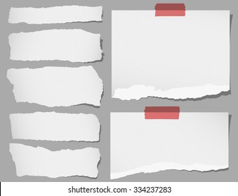 Set of various gray torn note papers with adhesive tape