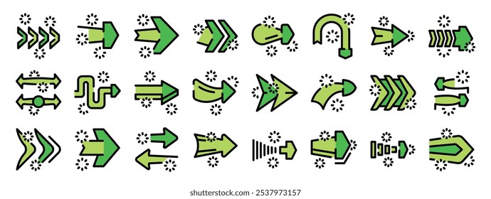 Set of various green arrows with decorative stars, pointing in different directions, symbolizing movement, progress, and direction