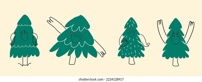 Conjunto de Diversos verdes del árbol de Navidad con emociones faciales, manos y piernas. Dibujando a la mano a la moda para los niños. Personajes graciosos. Todos los elementos están aislados