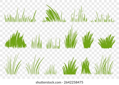 Een set van verschillende groene grassilhouetten gepresenteerd op een transparante achtergrond, ideaal voor decoratieve en ontwerpdoeleinden. De collectie toont gras in verschillende vormen en stijlen
