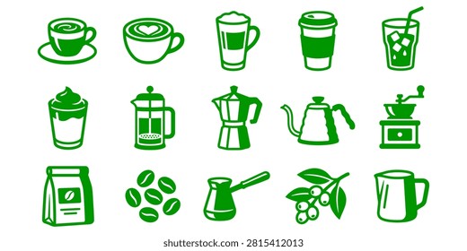 A set of various green icons representing coffee and tea items on a white background