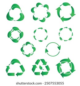 Set of various green recycling signs. Plastic free, eco safe recyclable. Vector illustration on isolated white background