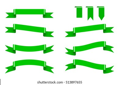 Set of various green ribbon for gift, reward, decoration on white background