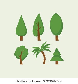Set of various green tree illustrations, including pine, palm, and deciduous shapes. Nature, park, and ecological flat vector elements