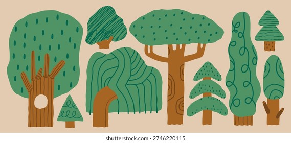 Set of various green Trees. Different types, shapes, textures. Cartoon, childish Scandinavian style forest trees. Hand drawn trendy Vector illustration. Isolated design elements 