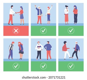 Set of various greeting gestures instead handshaking, flat cartoon vector illustration. Safe distance greeting gestures to use during viral infection pandemic.