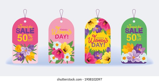 Set of various greeting gift sale tags for International Women's Day with blooming crocuses, tulips and daffodils. Isolated. Vector illustration, label, sticker, tag, postcard, tamplate