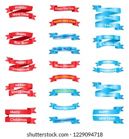 Set of various greeting ribbons with inscriptions Merry Christmas and Happy New Year for your banners