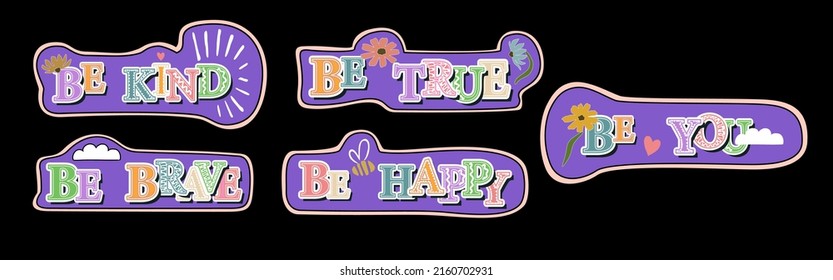 Set of Various Groovy Patches with inspirational quotes, pins, stamps or Stickers. Retro 60s, 70s, 80s, 90s design. Hand drawn trendy Vector illustrations. Cartoon style. All elements are isolated. 