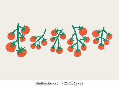 Set Various Group Tomato Cherry Branch. Vegetable Pomodoro Vine Collection. Hand Drawn Vector Isolated Illustration