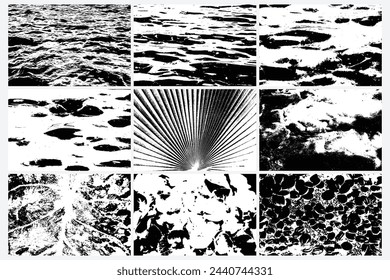 Conjunto de varios fondos vectoriales de texturas blancas negras grunge. Superficies granuladas de tensión superpuestas abstractas. Mancha de tinta, polvo desordenado, olas marinas, mar océano agua ondulada, Biofilia tropical, helecho de palma abanico.