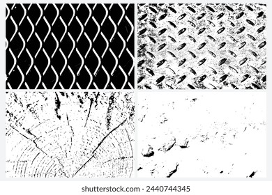 Set of various grunge black white textures vector backgrounds. Tree rings saw cut tree trunk. Messy dust  dirty scratched, Metal floor dirty diamond shapes. Rhombus fence Rabitz metal steel grid.