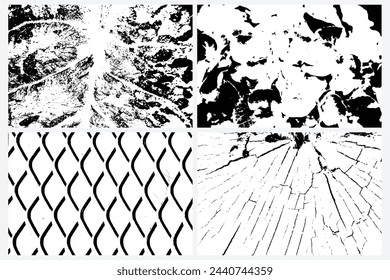 Set of various grunge black white textures vector backgrounds. Tree rings, saw cut tree trunk, messy dust,  dirty scratched, Metal floor, dirty diamond shapes, Rhombus fence, Rabitz, metal steel grid.