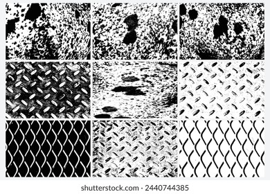 Set of various grunge black white textures vector backgrounds. Abstract overlay. Metal floor rhombus shapes, Aluminum dark metal, dirty diamond shapes, Rhombus fence, spotted cowhide, Cow fur skin.