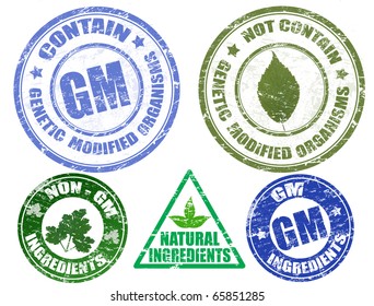 Set of various grunge stamps about contain and not contain genetic modified organisms