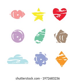 Set of various grunge textured shapes. Vector illustrations of star, heart, circle, leaf, cloud, kiss, flower shapes. 