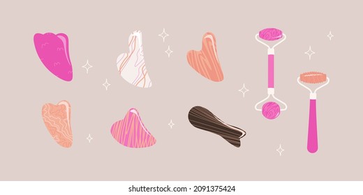 Set of various gua sha scrapers in different colors and shapes. Natural stone for face massage. Self-massage tools. Vector isolated flat objects for design.
