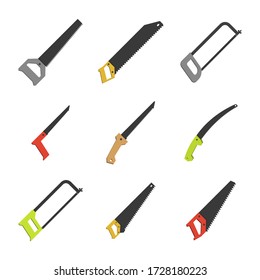 Conjunto de varios hacksaws y sierras aislados en un fondo blanco. Estilo plano, ilustración vectorial.