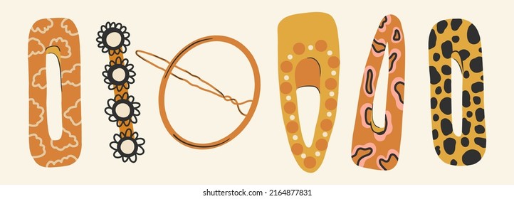 Set of various hairpins in golden color. Hair accessories, beauty design. Women's salon concept. Flat design, hand drawn, cartoon.