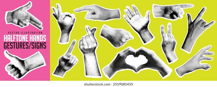 Set of various halftone hand gesture, y2k dotted collage element, finger touch, pointing, click or tap, retro newspaper cutout, comic magazine sticker and doodle arm sign with grunge torn paper. Hands