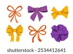 Set of various halloween bows, gift ribbons. Bowknots in hand-drawn and flat styles. Fashionable vector illustration. Hair accessory. Bow knots for gift wrapping