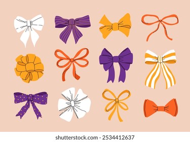 Set of various halloween bows, gift ribbons. Bowknots in hand-drawn and flat styles. Fashionable vector illustration. Hair accessory. Bow knots for gift wrapping