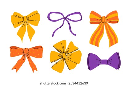 Conjunto de vários arcos de Halloween, fitas de presente. Bowknots em estilos desenhados à mão e planos. Ilustração de vetor na moda. Acessório capilar. Nós de arco para embrulhar presente