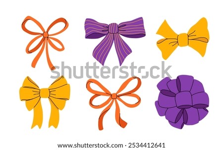 Set of various halloween bows, gift ribbons. Bowknots in hand-drawn and flat styles. Fashionable vector illustration. Hair accessory. Bow knots for gift wrapping