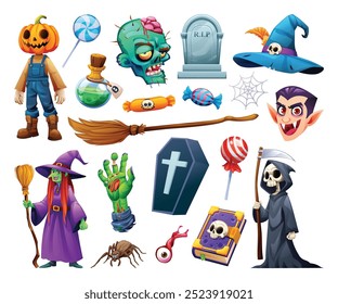 Set of various Halloween characters and objects, including pumpkin, grim reaper, and witch. Vector cartoon illustration