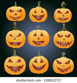 Set of various Halloween pumpkins face