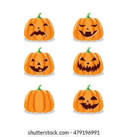 Set of various Halloween pumpkins. Isolated on white background. Scary Halloween cartoon pumpkins. Vector illustration.