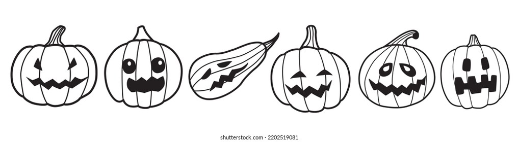 Set of various Halloween pumpkins. Pumpkin characters with different faces and emotions. Sketchy doodle drawing with black lines. Ghost, lantern, mystical creature. Cute, scary, scared. Vector 