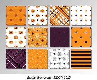 Set of various Halloween seamless patterns. Endless texture for wallpaper, web page background, wrapping paper, etc. Smiling cute pumpkins, spiders and cobwebs, sweets and lines