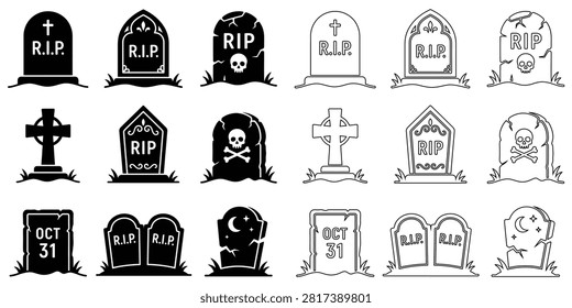 Set of various halloween vector tombstone and gravestone designs featuring spooky rip inscriptions for cemetery and graveyard graphic projects