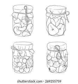 Set of various hand drawing jars with fruit jams