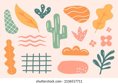 Set of various hand drawn abstract shapes and doodle objects. Big collection of summer, fashion elements in cartoon boyish style, people, floral art and textures. All elements are isolated
