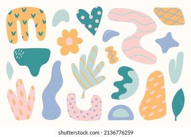 Set of various hand drawn abstract shapes and doodle objects. Big collection of summer, fashion elements in cartoon boyish style, people, floral art and textures. All elements are isolated